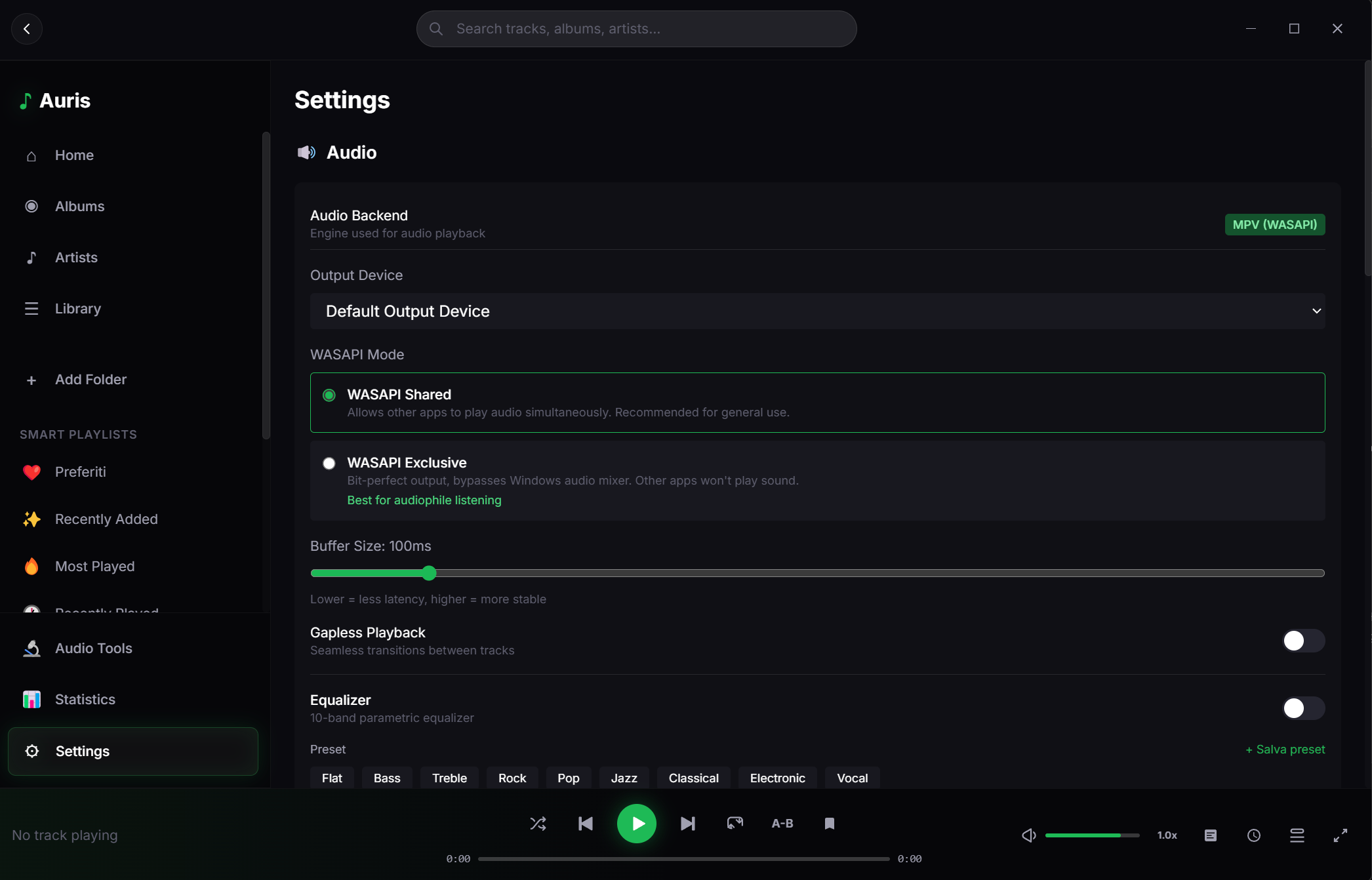 Auris Audio Settings - WASAPI Exclusive Mode